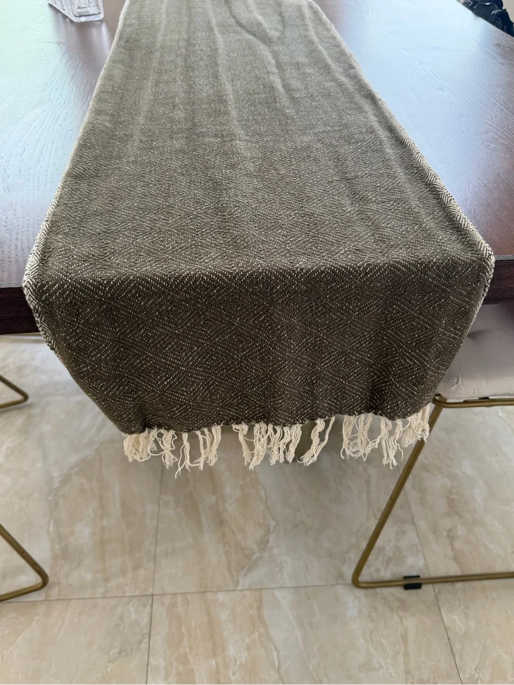 Crate & Barrel Linen Blend Herringbone Table Runner Olive Fringed 16 x 90